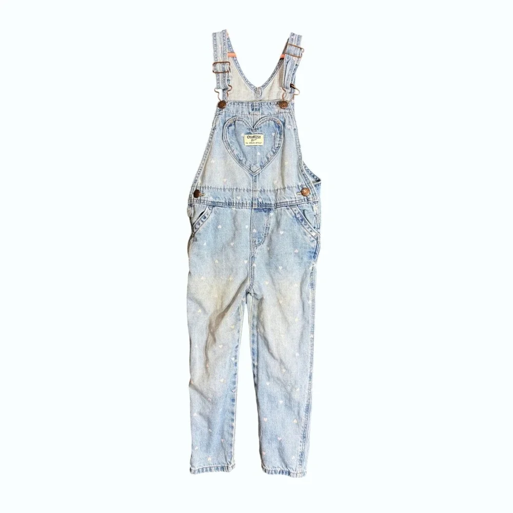 OshKosh Bgosh Toddler Girls Size 4T Denim Overalls Pink Heart Print Bibs Play